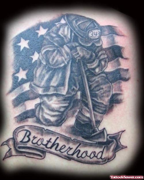Firehighter Tattoo With Brotherhood Banner