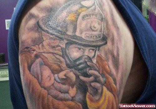 Firefighter Tattoo On Man Right SHoulder