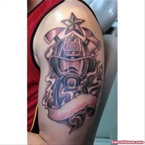 Fantastic Grey Ink Firefighter Tattoo On Left Half Sleeve