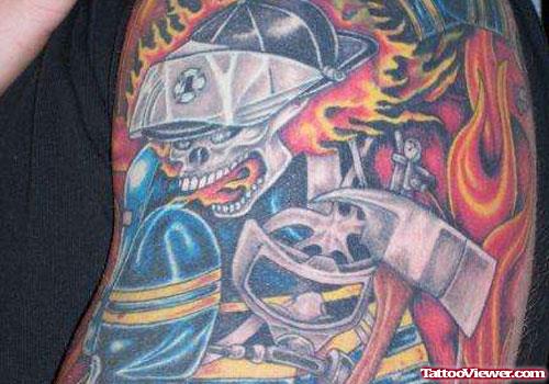 Colored Firefighter Tattoo On Side Rib