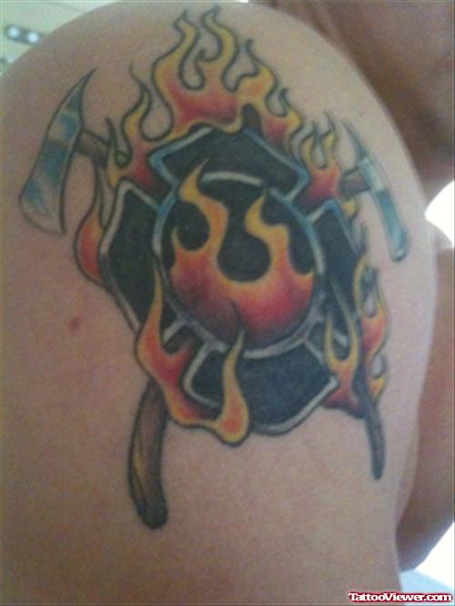 Burning Firefighter Tattoo On Right Shoulder