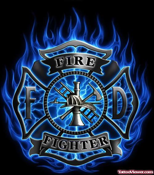 Blue Ink Firefighter Tattoo Design