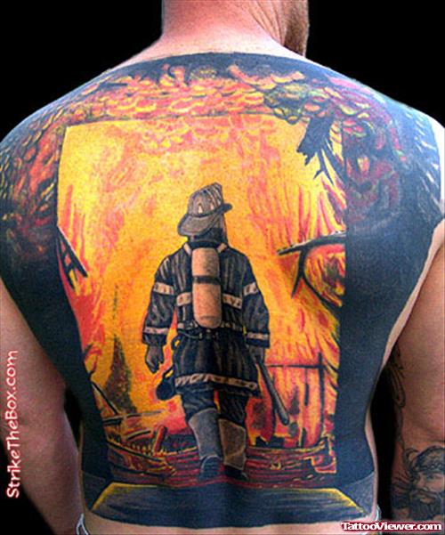Awesome Full Back Firefighter Tattoo