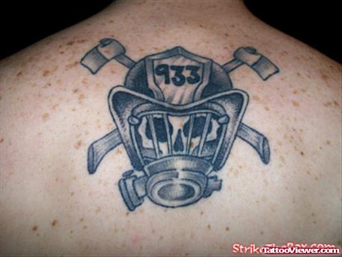 Grey Ink Firefighter Tattoo On Upperback