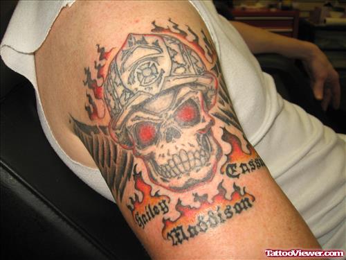 Skull Firefighter Tattoo On Half Sleeve