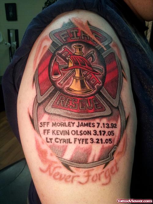 Memorable Firefighter Tattoo On Man Right Shoulder