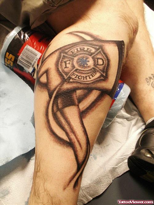 Grey Ink Right Leg Firefighter Tattoo
