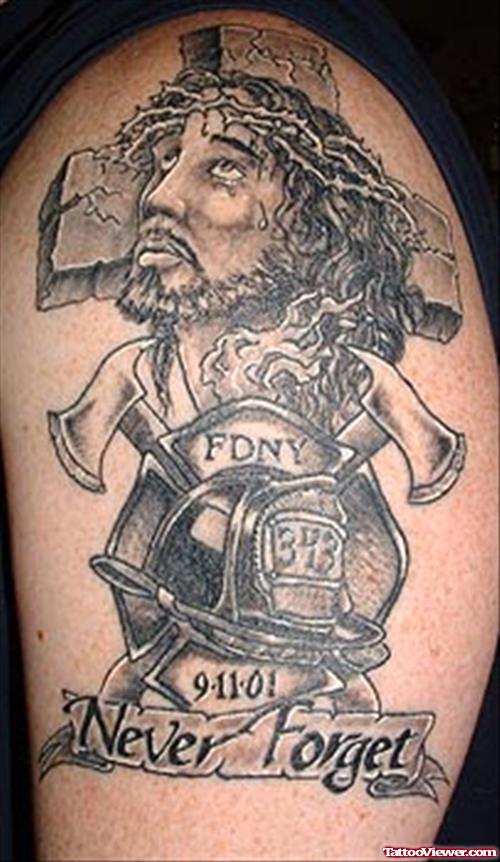Grey Ink Jesus Head Firefighter Tattoo