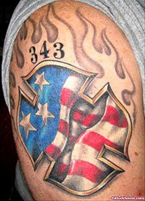 Flaming Firefighter Us Flag Tattoo