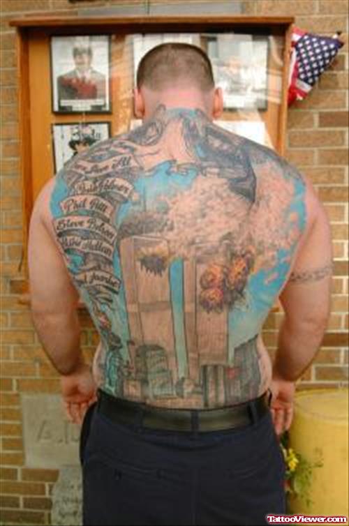 Firefighter Tattoo On Man Back Body