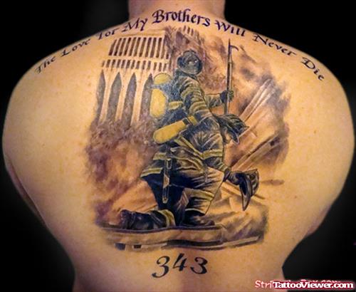 Fantastic Firefighter Tattoo On Upperback