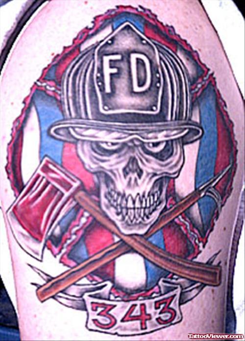Crazy Firefighter Tattoo On Right Shoulder