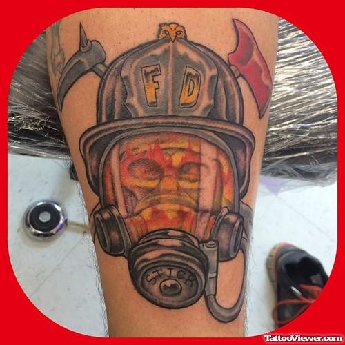 Awesome Colored Firefighter Tattoo On Half Sleeve