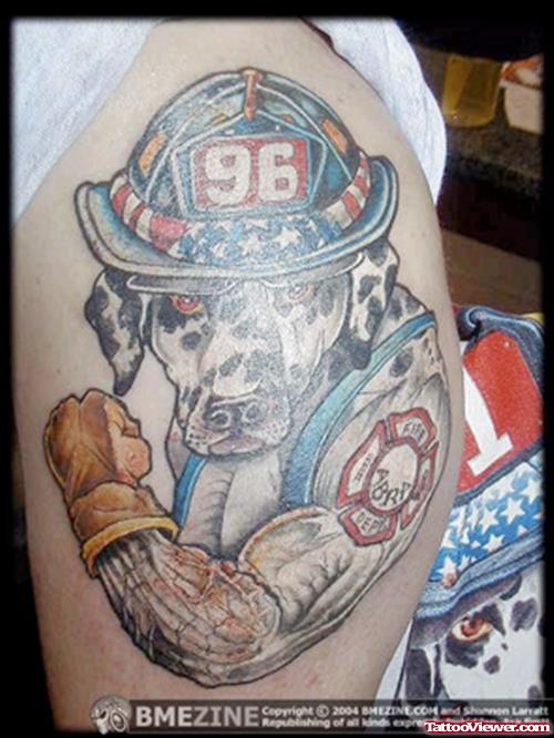 Attractive Grey Ink Firefighter Tattoo On Shoulder