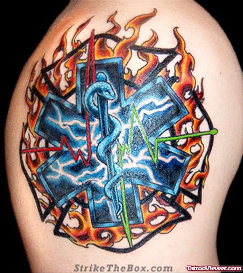 New Colored Firefighter Tattoo On Shoulder