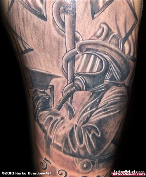 Inspiring Grey Ink Firefighter Tattoo