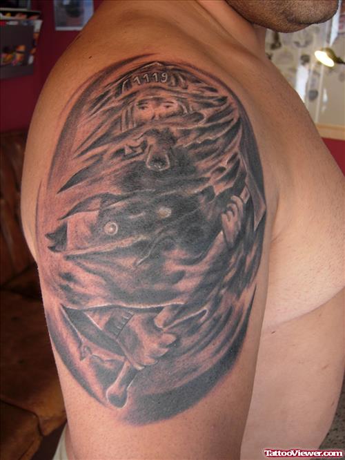 Grey Ink Firefighter Tattoo On Right Shoulder
