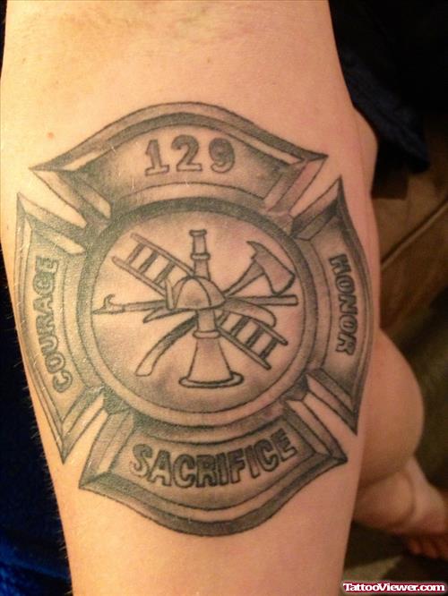 Grey Ink Firefighter Tattoo On Right Arm