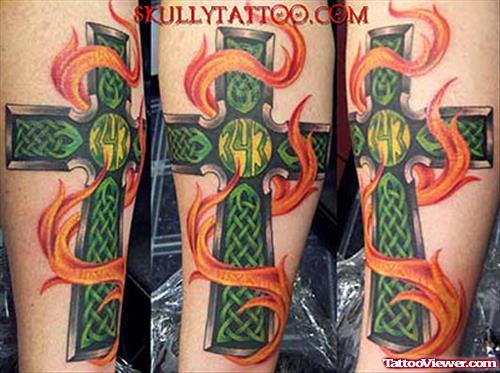 Green Ink Celtic Cross Firefighter Tattoo