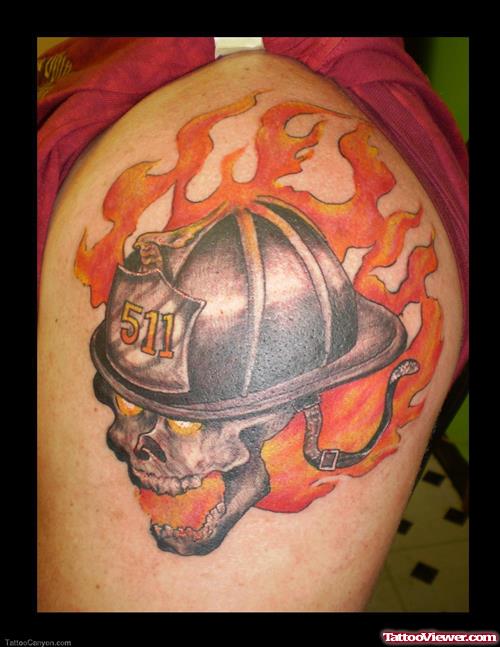 Flaming Firefighter Head Tattoo On Shoulder