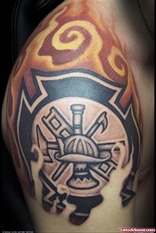 Firefighter Tattoo On Right Shoulder