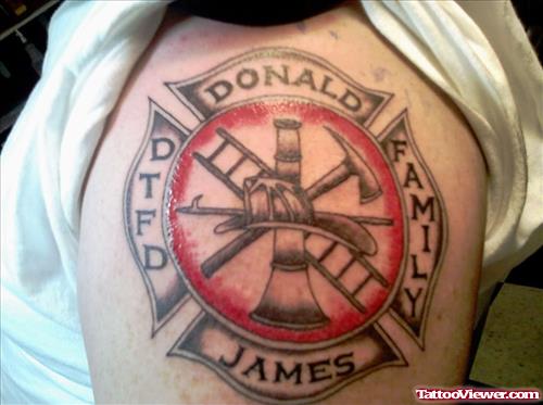 Dreadful Grey Ink Firefighter Tattoo On Shoulder