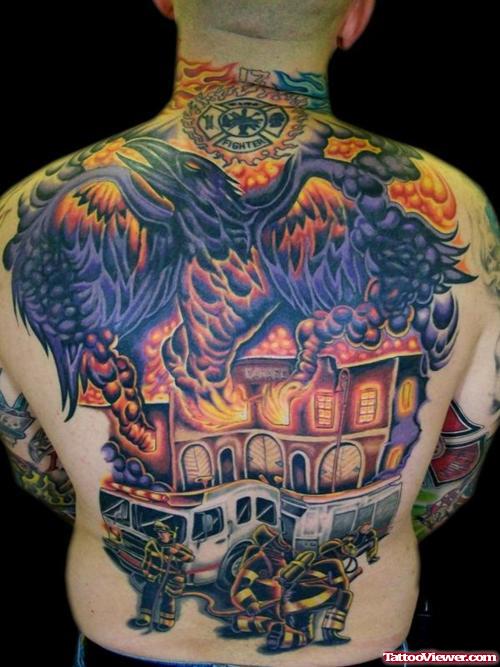 Colored Firefighter Tattoo On Man Back Body