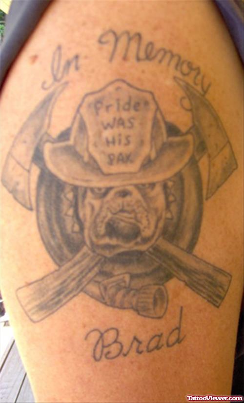 Classic Grey Ink Firefighter Tattoo On Left Half Sleeve