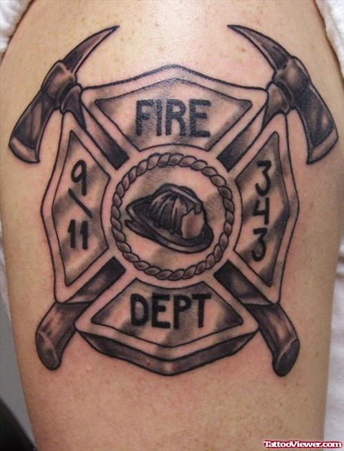 Grey Ink Firefighter Logo Tattoo On Shoulder