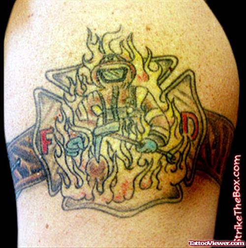 Great Firefighter Tattoo On Left Shoulder