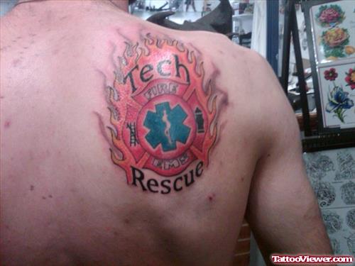 Flaming Firefighter Tattoo On Right Back Shoulder