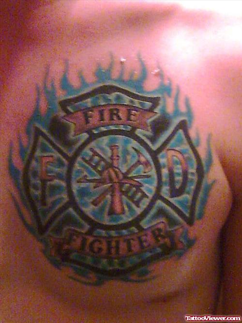 Flaming Firefighter Tattoo On Man Chest
