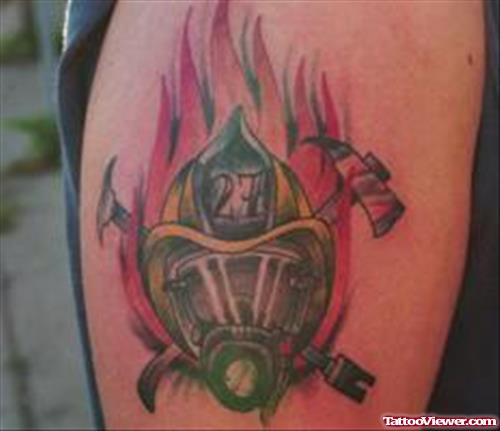 Firefighter Mask In Flames Tattoo