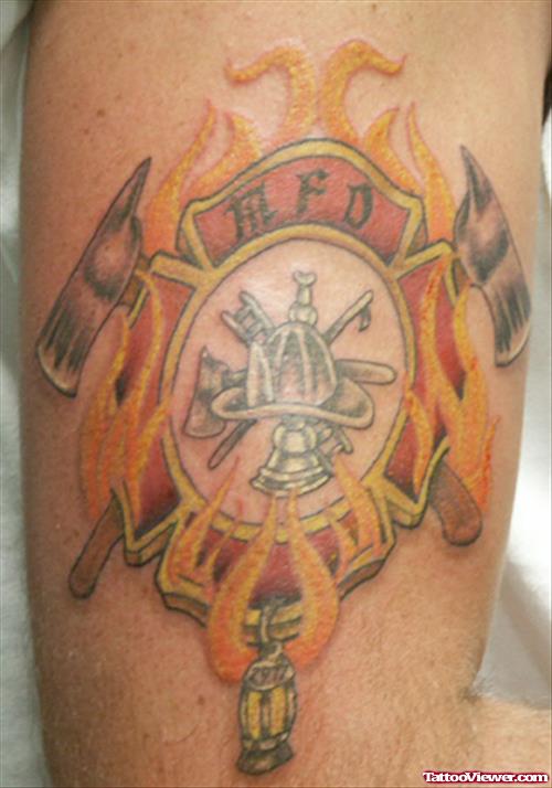 Color Flaming Firefighter Tattoo On Half Sleeve