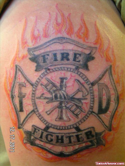 Best Flaming Firefighter Tattoo On Shoulder