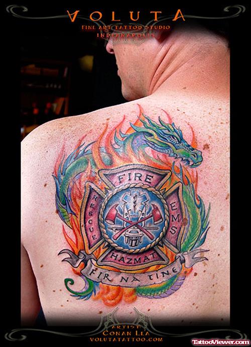 Back SHoulder Firefighter Tattoo For Men