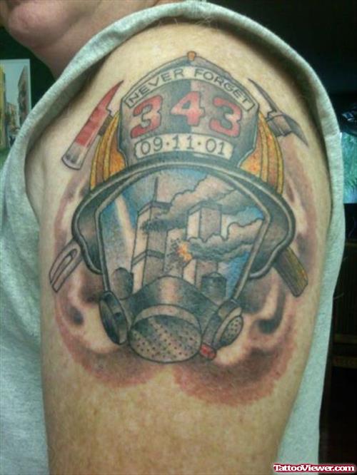 Amazing Grey Ink Firefighter Tattoo On Left Shoulder