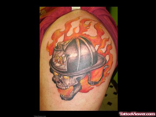 Amazing Firefighter Tattoo On Left Shoulder