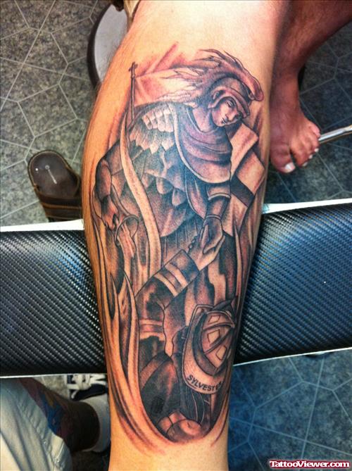 Grey Ink Firefighter Tattoo On Leg