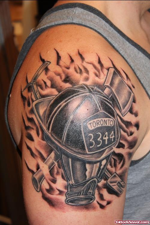 Grey Ink Flaming Firefighter Tattoo On Right SHoulder