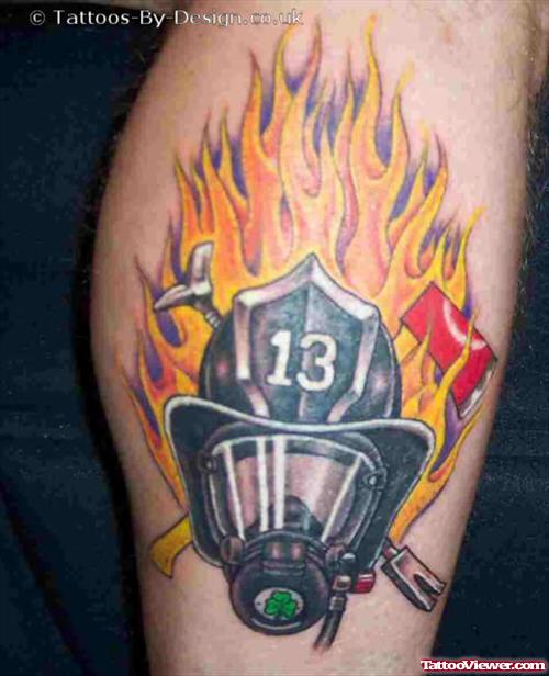 Flaming Firefighter Tattoo On Leg