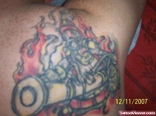 Firehighter Tattoo On Right Back Shoulder