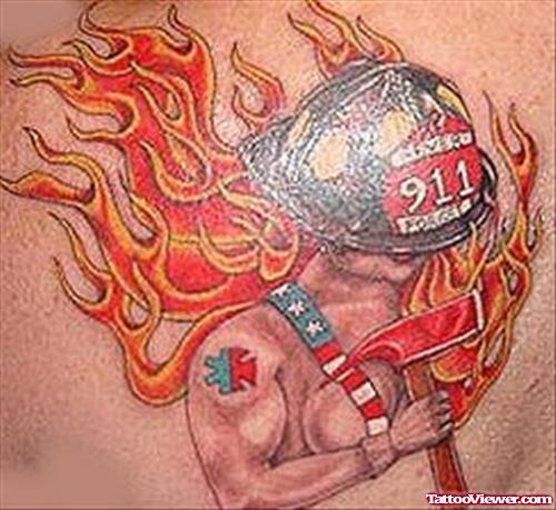 Firefighter With Hat In Flames Tattoo