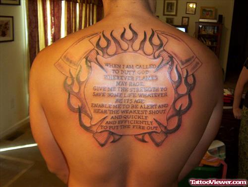 Cool Flaming Firefighter Tattoo On Back