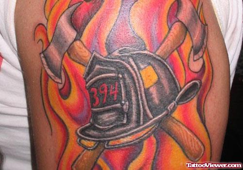 Firefighter Flames Tattoo On Half Sleeve