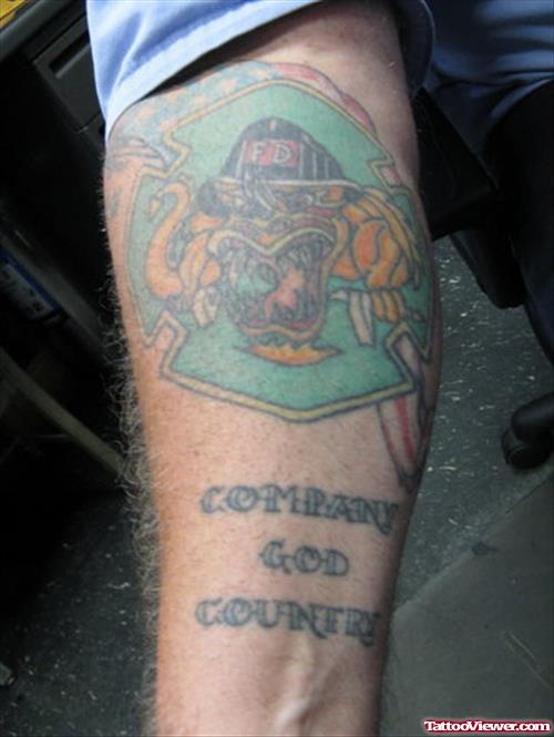 Colored Firefighter Tattoo On Right Forearm