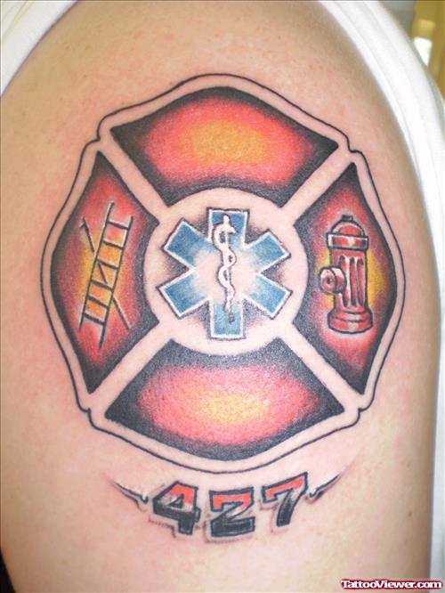Classic Firefighter Tattoo On Shoulder