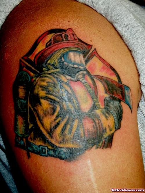 Awesome Colored Firefighter Tattoo On Right SHoulder