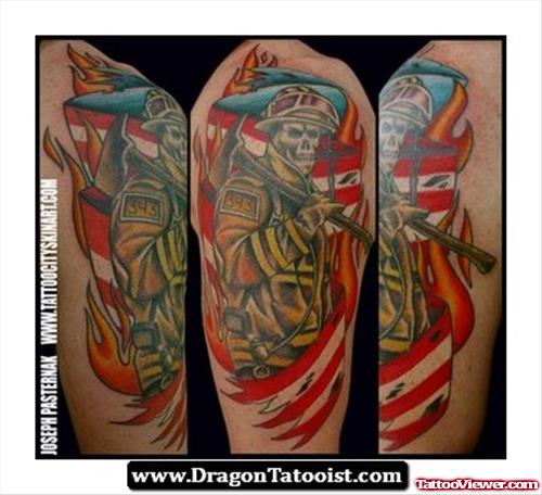 Attractive Colored Firefighter Tattoo On Half Sleeve