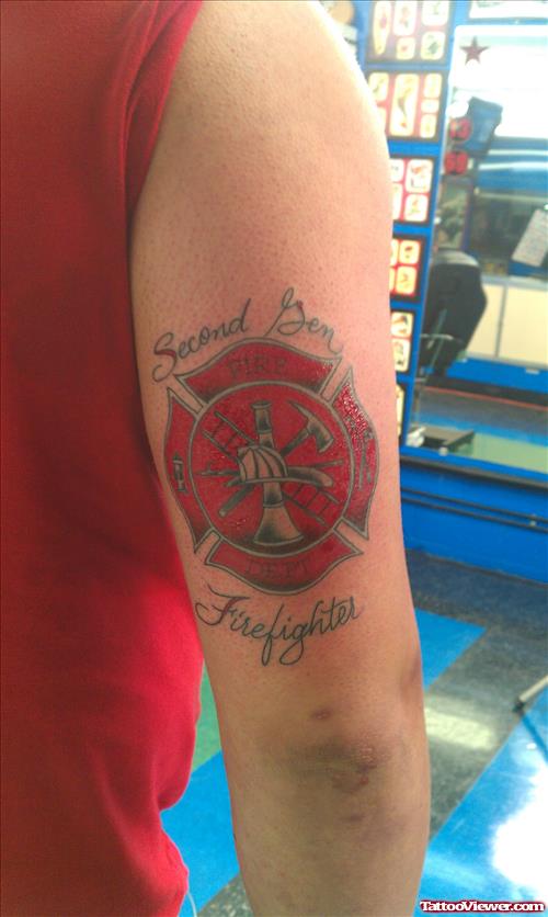 Red Ink Firefighter Tattoo On Bicep